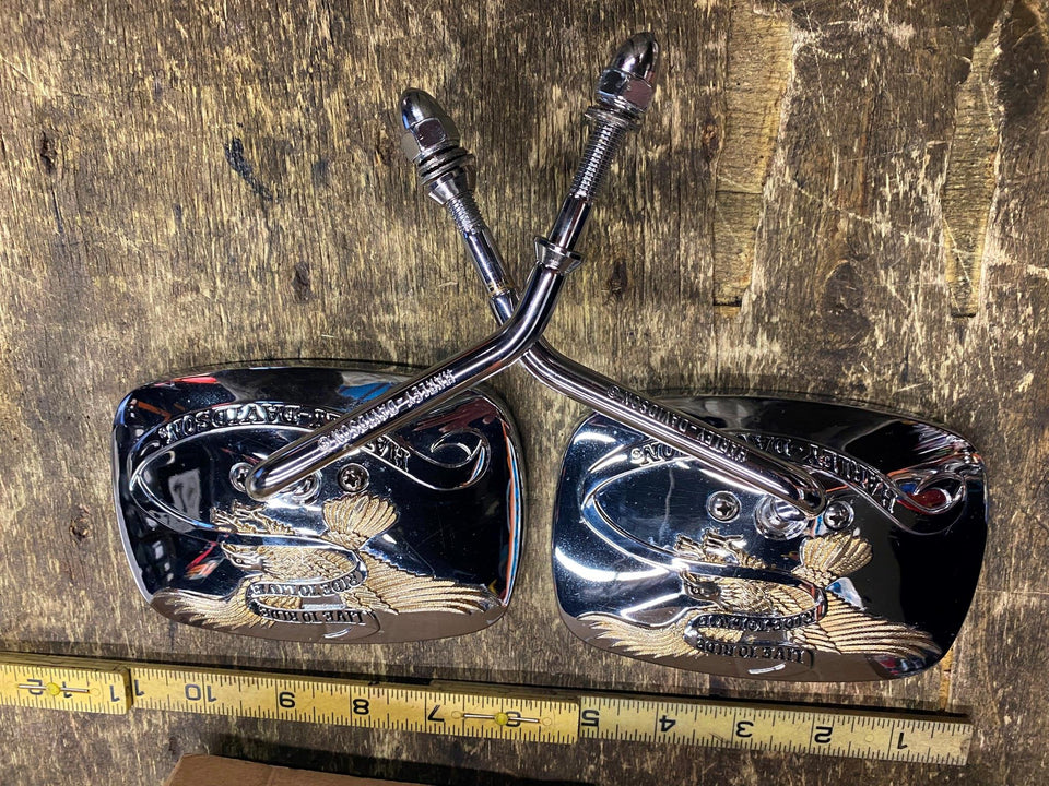 OEM HARLEY LIVE TO RIDE EAGLE GOLD MIRRORS SPORTSTER SOFTAIL FXR DYNA TOURING PR