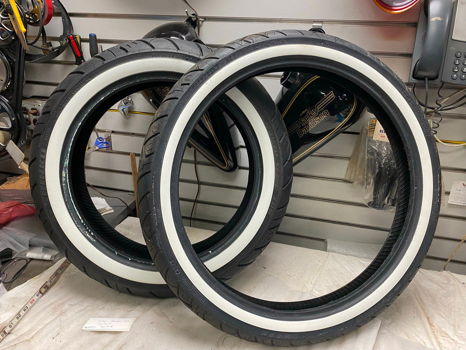 PAIR 90-90-21 160-70-17 WWW WIDE WHITE TIRES HARLEY DYNA SOFTAIL CHOPPER 800 MIL