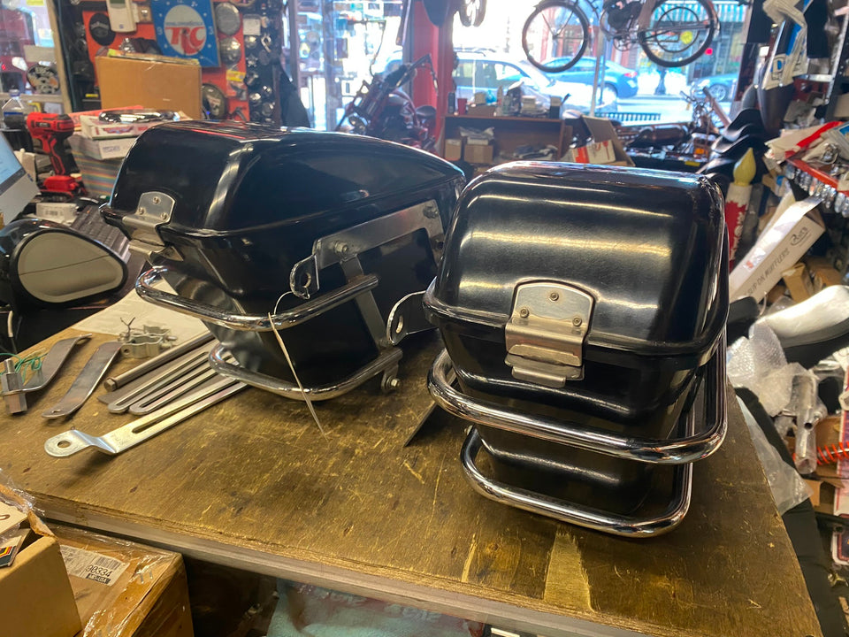 VTG NOS SHOEI SADDLEBAGS HARD BAGS CHROME RAILS MOTORCYCLE CB KZ XS HONDA HARLEY